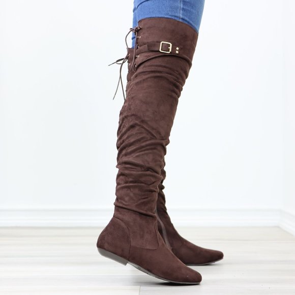 Brown Thigh High Over The Knee Flat Boots Faux Suede Laced Back - Picture 5 of 14